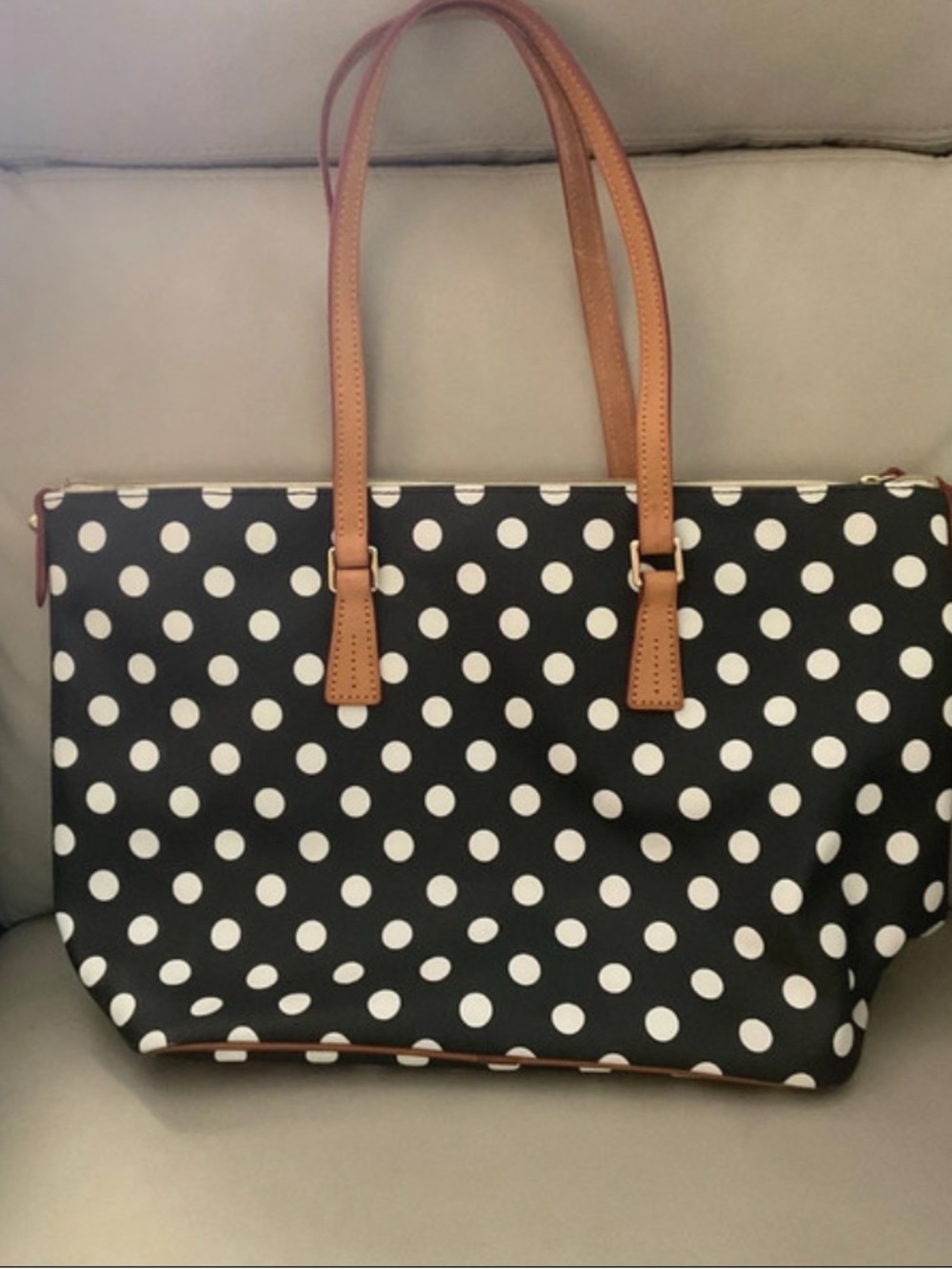 Dooney & Bourke Black and White Polka Dot Tote with Tan Handles